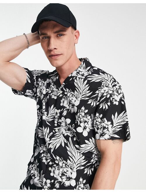 Jack & Jones Originals camp collar shirt in black floral print