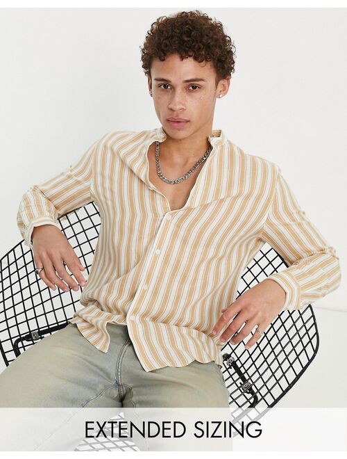 ASOS DESIGN regular linen stripe work shirt with grandad collar in tan