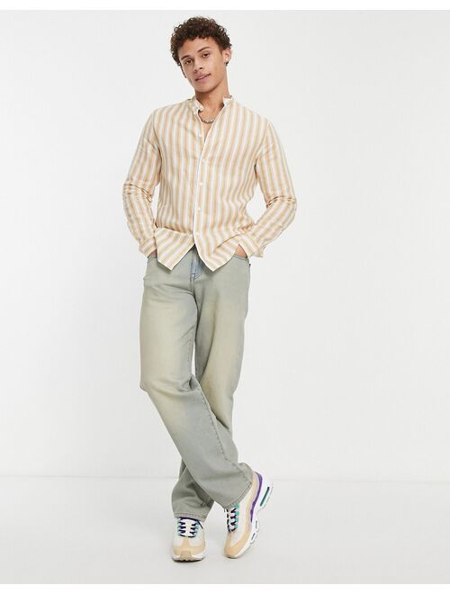 ASOS DESIGN regular linen stripe work shirt with grandad collar in tan