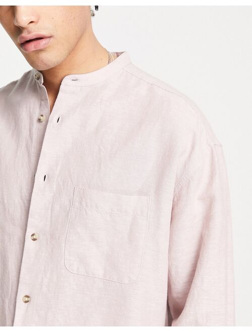 ASOS DESIGN 90s oversized linen shirt with grandad collar in pink