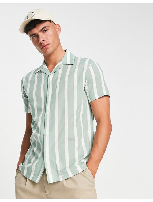 Selected Homme revere short sleeve shirt in white and green stripe