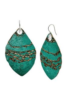 'Emerald Pools' Drop Earrings in Green Patina Brass and Sterling Silver
