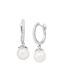 'Primrose' Shell Cultured Pearl Hoop Drop Earrings with Cubic Zirconias in Sterling Silver