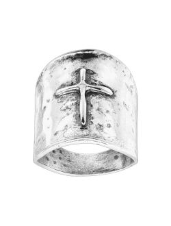 'Raised Cross' Tapered Cross Ring in Hammered Sterling Silver