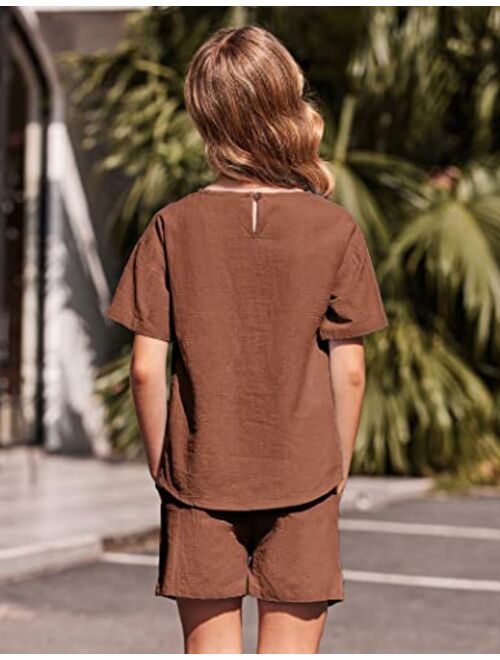 Flypigs Girls Linen Outfits Summer Short Sleeve T-Shirt and Shorts Sets Casual Clothing 2 Piece Tracksuits Cute Clothes 4-12Y