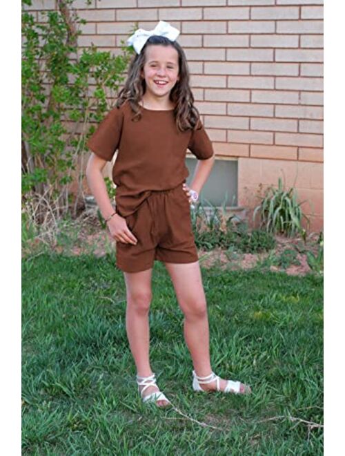 Flypigs Girls Linen Outfits Summer Short Sleeve T-Shirt and Shorts Sets Casual Clothing 2 Piece Tracksuits Cute Clothes 4-12Y
