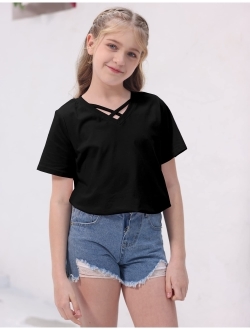 Simtuor Girls Summer Casual Short Sleeve Shirts V Neck Criss Cross Cotton Solid Tops Blouses Size 6-15 Years
