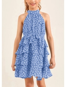 Imily Bela Girls Floral Ruffle Dress Halter Neck Kids Chiffon Summer Party Dress with Belt