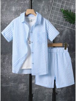 Boys Striped Print Pocket Patched Shirt & Shorts Without Tee