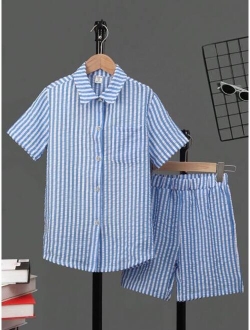 Boys Striped Print Pocket Patched Shirt & Shorts Without Tee