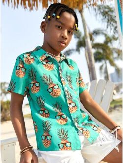 Boys Pineapple Print Pocket Patched Shirt