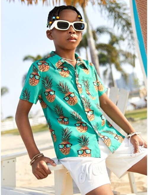 SHEIN Boys Pineapple Print Pocket Patched Shirt