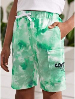 Boys Tie Dye Letter Graphic Drawstring Waist Patch Pocket Shorts