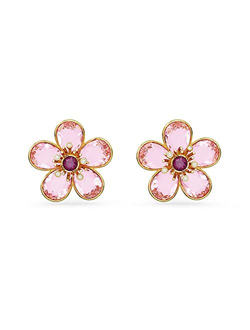 Swarovski Florere Stud Earrings, Flower, Pink Crystal, Gold-tone Finish