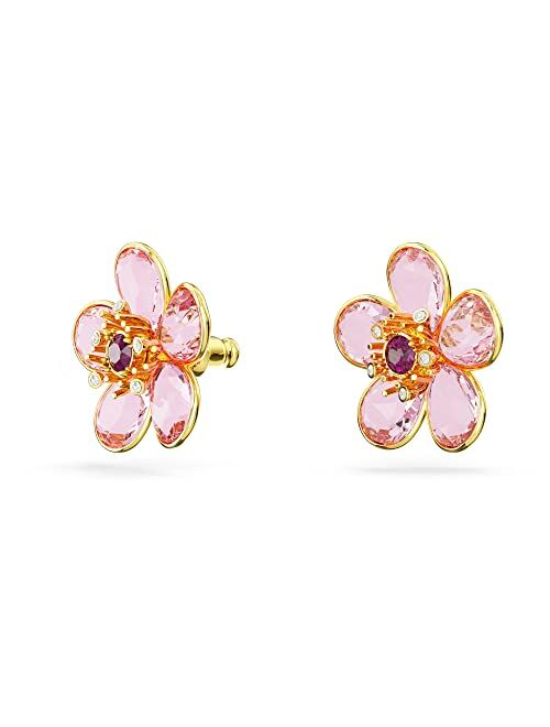 Swarovski Florere Stud Earrings, Flower, Pink Crystal, Gold-tone Finish