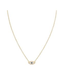 Womens Evil Eye Pendant Necklace, Adjustable Link Chain w/White CZ/London Blue Nanogem Talisman, 18K Gold Plated