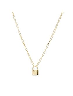 Womens Kara Padlock Charm Necklace, Paperclip Link Chain, 18K Gold Plated