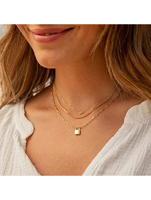 gorjana Womens Kara Padlock Charm Necklace, Paperclip Link Chain, 18K Gold Plated