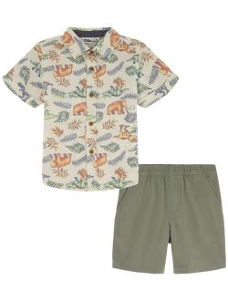 Little Boys Short Sleeve Dinosaur Print Poplin Shirt and Twill Shorts, 2 Piece Set