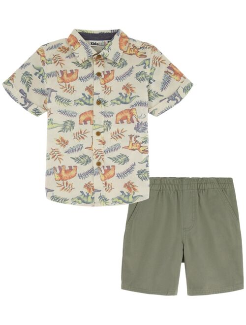 Kids Headquarters Little Boys Short Sleeve Dinosaur Print Poplin Shirt and Twill Shorts, 2 Piece Set
