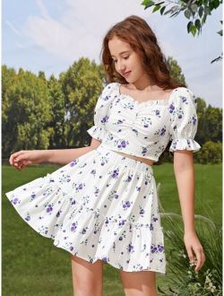 Teen Girls Floral Print Frill Puff Sleeve Blouse & Ruffle Hem Skirt