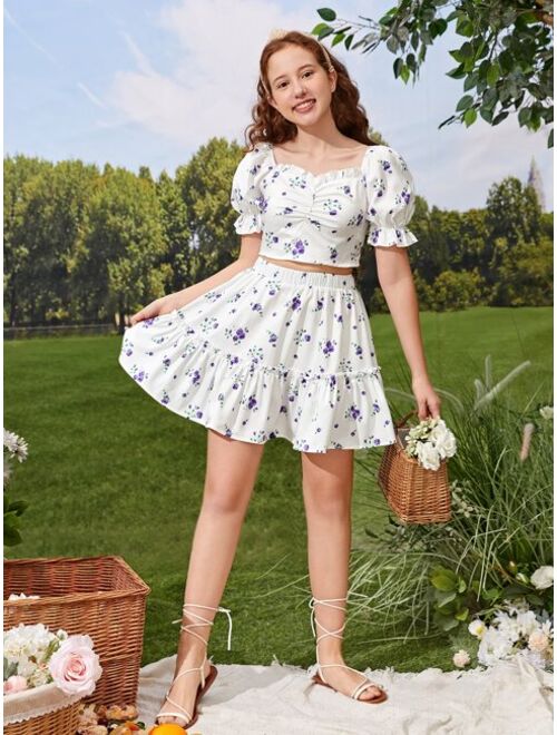 SHEIN Teen Girls Floral Print Frill Puff Sleeve Blouse & Ruffle Hem Skirt
