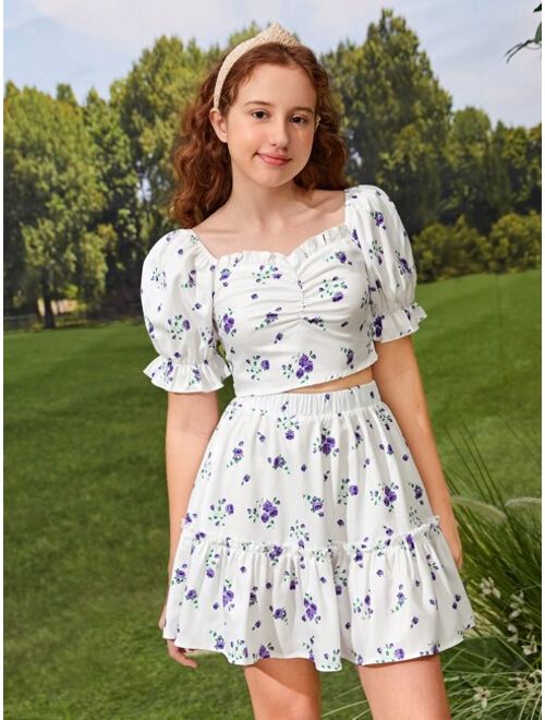 SHEIN Teen Girls Floral Print Frill Puff Sleeve Blouse & Ruffle Hem Skirt