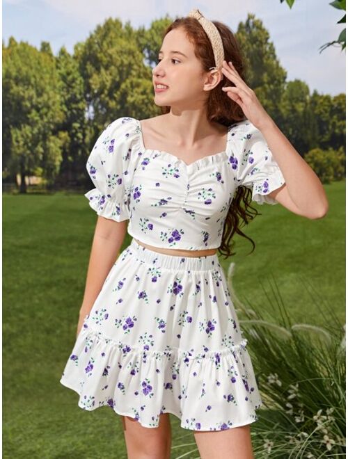 SHEIN Teen Girls Floral Print Frill Puff Sleeve Blouse & Ruffle Hem Skirt