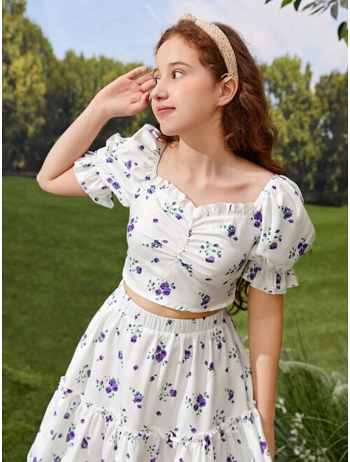 SHEIN Teen Girls Floral Print Frill Puff Sleeve Blouse & Ruffle Hem Skirt