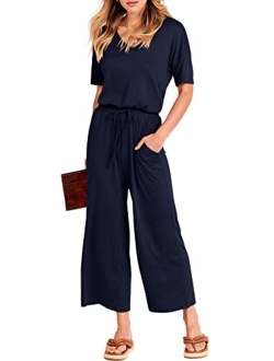 Women Short Sleeve Summer Casual V Neck Elastic Waist Wide Leg Cropped Pant Jumpsuits Rompers with Pockets