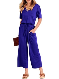 Women Short Sleeve Summer Casual V Neck Elastic Waist Wide Leg Cropped Pant Jumpsuits Rompers with Pockets