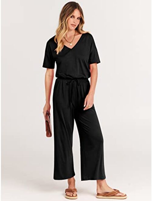 ANRABESS Women Short Sleeve Summer Casual V Neck Elastic Waist Wide Leg Cropped Pant Jumpsuits Rompers with Pockets