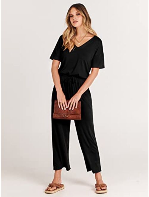 ANRABESS Women Short Sleeve Summer Casual V Neck Elastic Waist Wide Leg Cropped Pant Jumpsuits Rompers with Pockets