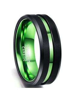 NUNCAD 8mm Men's Tungsten Rings Multi-Color/Green/Purple Plated Grooved Black Matte Finish Beveled Edges Size 4 to 16