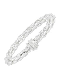 'Impressive' Sterling Silver with Stainless Steel Cubic Zirconia Bangle Bracelet, 6.75"