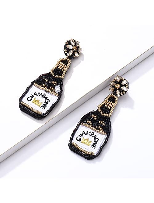 Phalin Beaded Champagne Bottle Earrings for Women Handmade Bead Champagne Drop Dangle Earring Statement Earring Studs for Birthday Holiday Parties Gifts