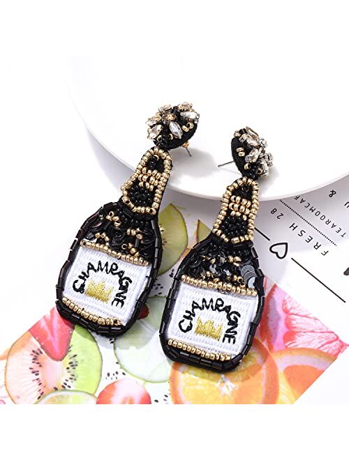 Phalin Beaded Champagne Bottle Earrings for Women Handmade Bead Champagne Drop Dangle Earring Statement Earring Studs for Birthday Holiday Parties Gifts