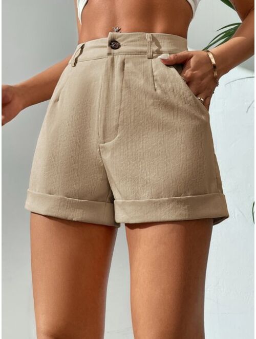 SHEIN PETITE Slant Pocket Button Front Shorts