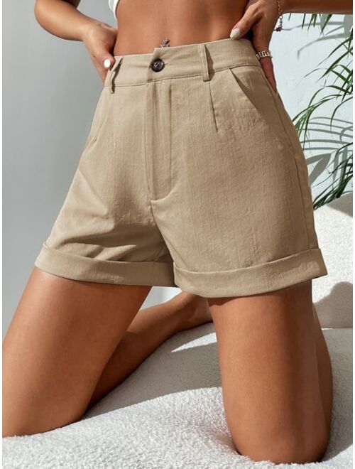 SHEIN PETITE Slant Pocket Button Front Shorts