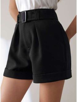 Frenchy Fold Pleated Roll Hem Belted Shorts