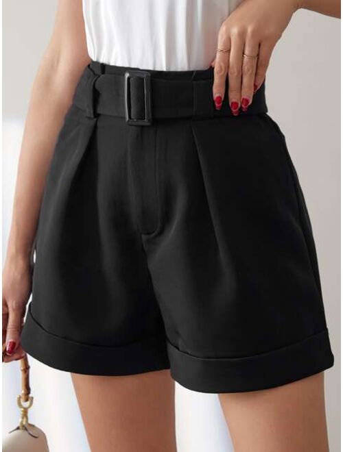 SHEIN Frenchy Fold Pleated Roll Hem Belted Shorts