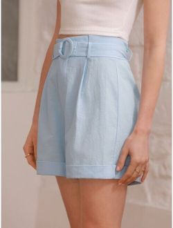 Frenchy Solid Roll Up Hem Belted Shorts