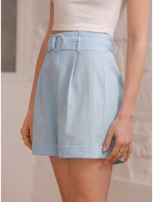 SHEIN Frenchy Solid Roll Up Hem Belted Shorts