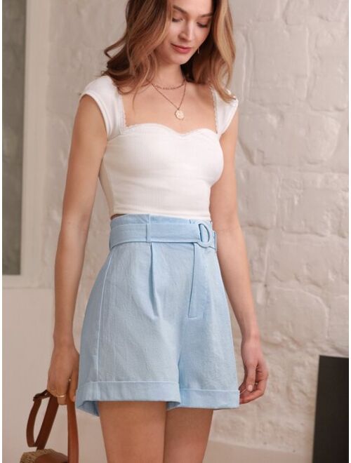 SHEIN Frenchy Solid Roll Up Hem Belted Shorts