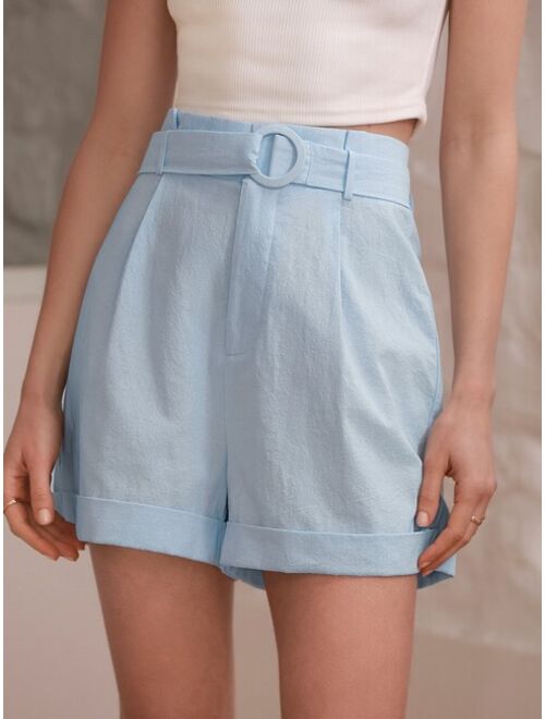SHEIN Frenchy Solid Roll Up Hem Belted Shorts