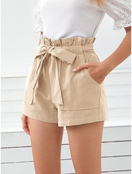 SHEIN Frenchy Paperbag Waist Slant Pocket Belted Shorts