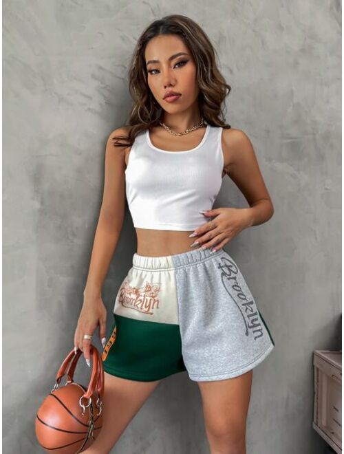 SHEIN EZwear Letter Graphic Colorblock Shorts