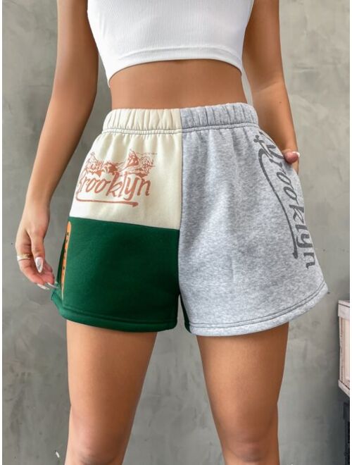 SHEIN EZwear Letter Graphic Colorblock Shorts