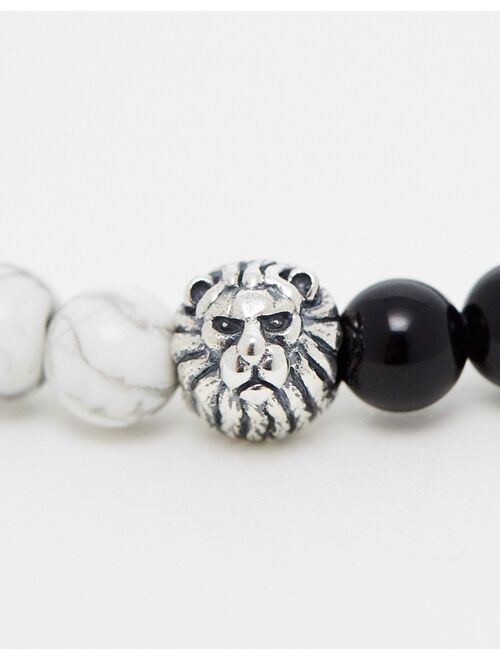 ASOS DESIGN festival beaded bracelet in monochrome semi-precious stones and sterling silver lion head beads