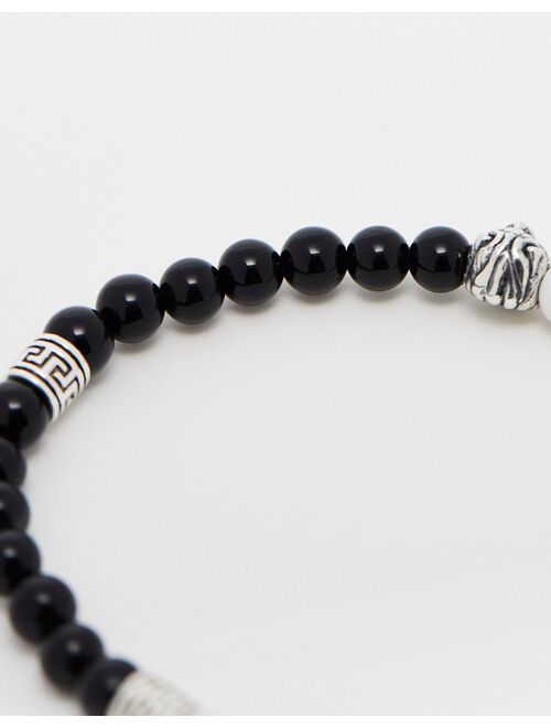 ASOS DESIGN festival beaded bracelet in monochrome semi-precious stones and sterling silver lion head beads